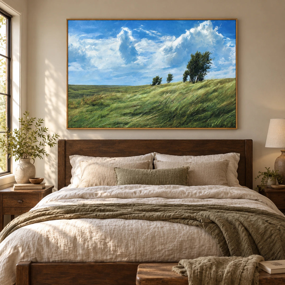 Windswept Green Meadow and Trees Oil Painting | Blue Sky White Clouds Textured Horizontal Countryside Landscape Wall Art OA 1779