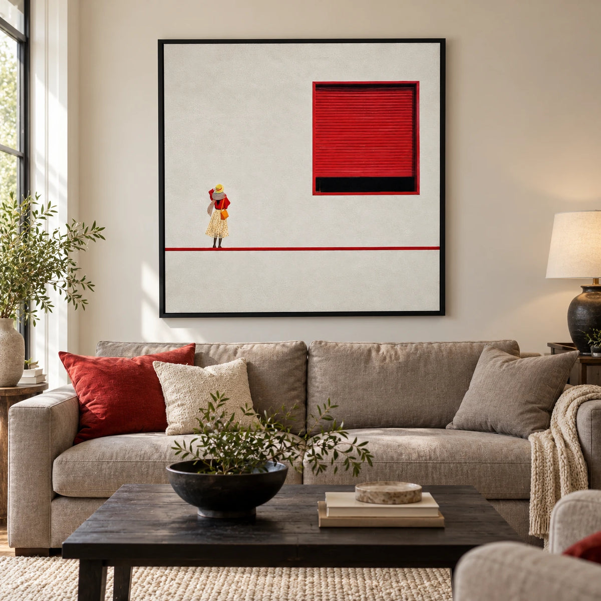 Woman Beside Red Shutter Oil Painting | Minimalist White Wall and Red Line Urban Figurative Square Wall Art #OA 1704