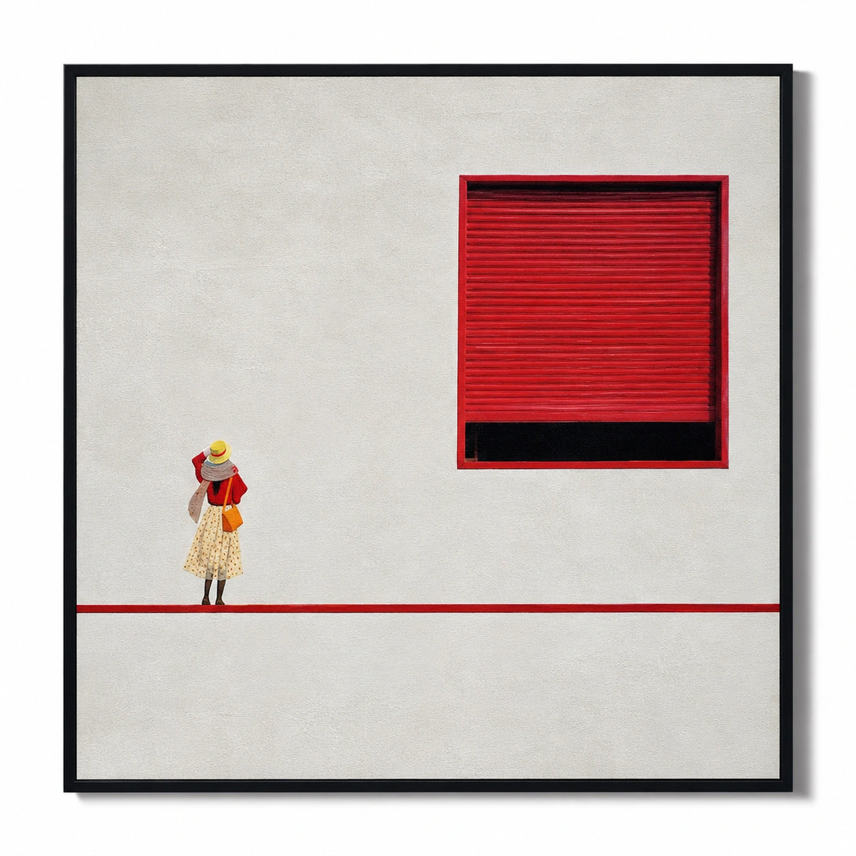 Woman Beside Red Shutter Oil Painting | Minimalist White Wall and Red Line Urban Figurative Square Wall Art #OA 1704