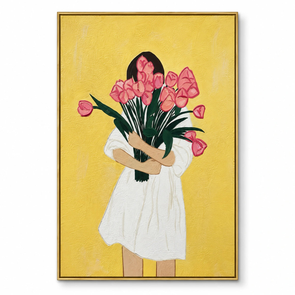 Woman Holding Pink Tulips Oil Painting | White Dress Yellow Background Green Leaves Vertical Figurative Floral Wall Art OA 1756