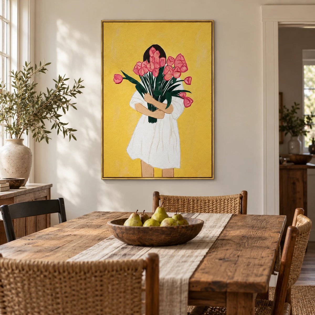 Woman Holding Pink Tulips Oil Painting | White Dress Yellow Background Green Leaves Vertical Figurative Floral Wall Art OA 1756