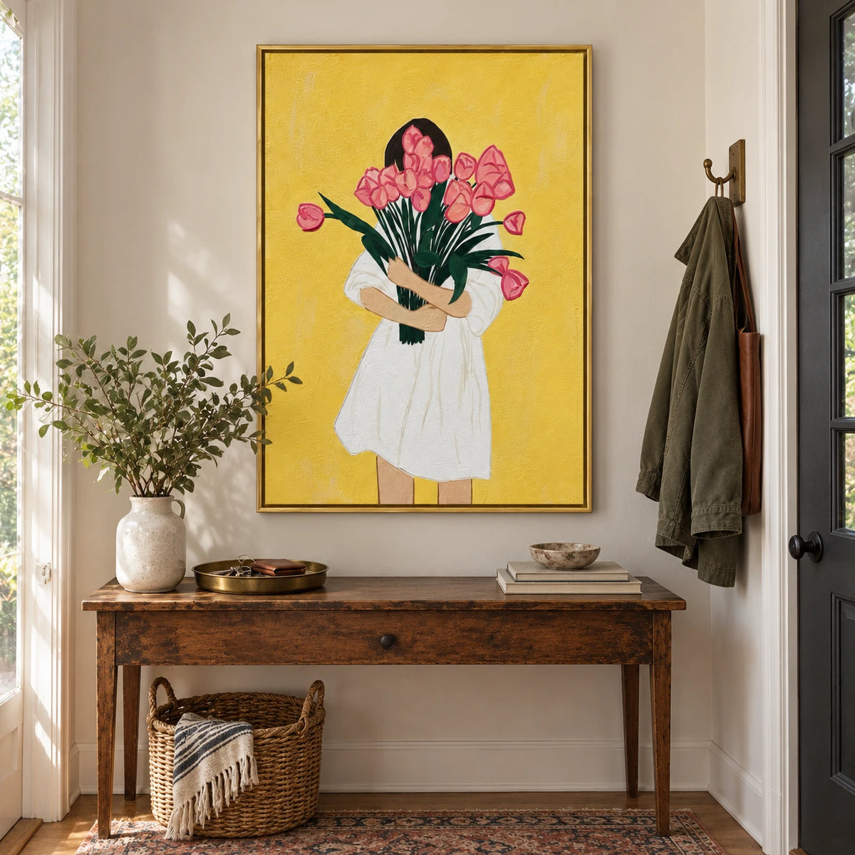 Woman Holding Pink Tulips Oil Painting | White Dress Yellow Background Green Leaves Vertical Figurative Floral Wall Art OA 1756