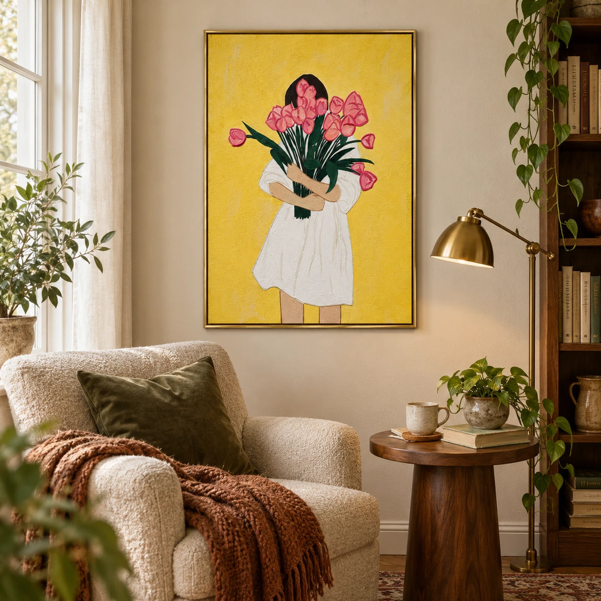 Woman Holding Pink Tulips Oil Painting | White Dress Yellow Background Green Leaves Vertical Figurative Floral Wall Art OA 1756