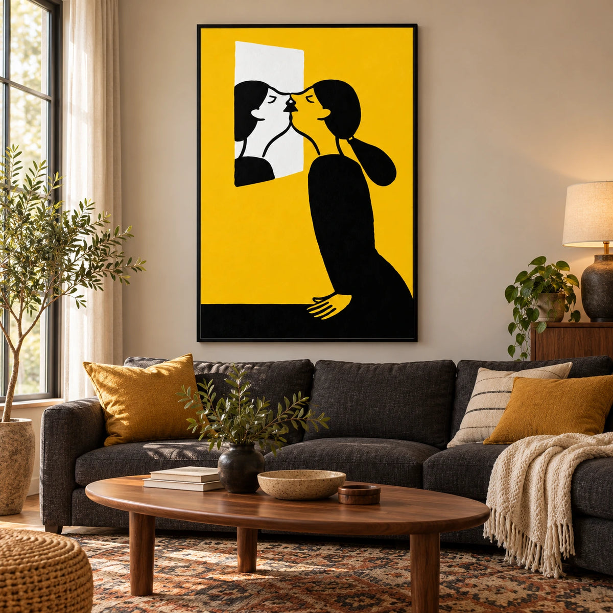 Woman Kissing Her Mirror Reflection Oil Painting | Yellow Black and White Minimalist Figurative Vertical Wall Art OA 1678