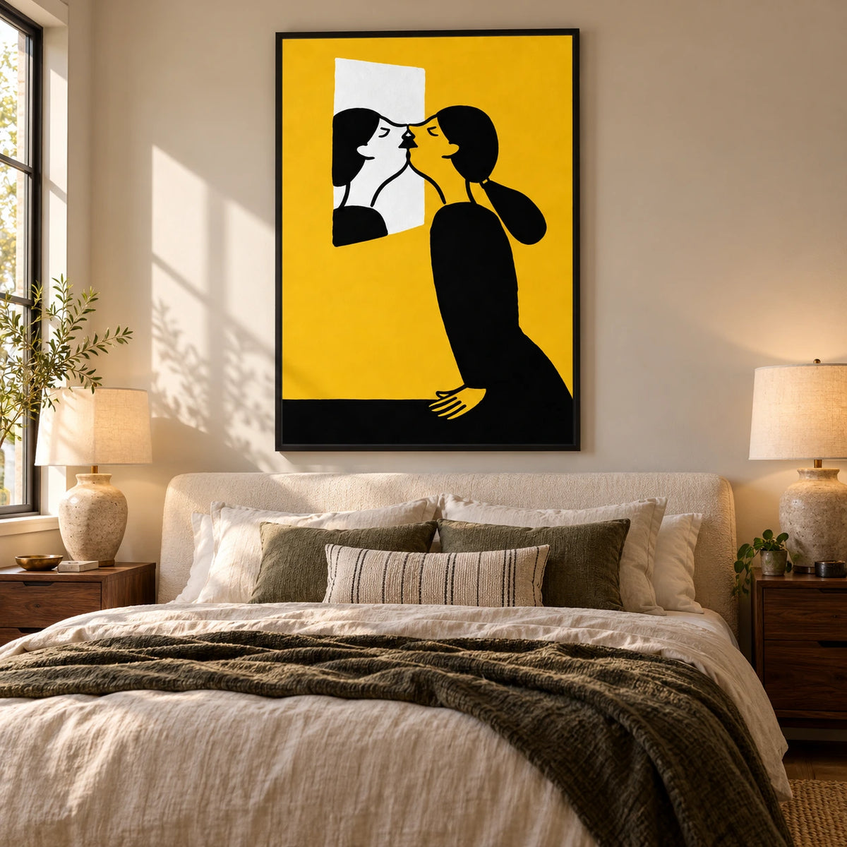 Woman Kissing Her Mirror Reflection Oil Painting | Yellow Black and White Minimalist Figurative Vertical Wall Art OA 1678