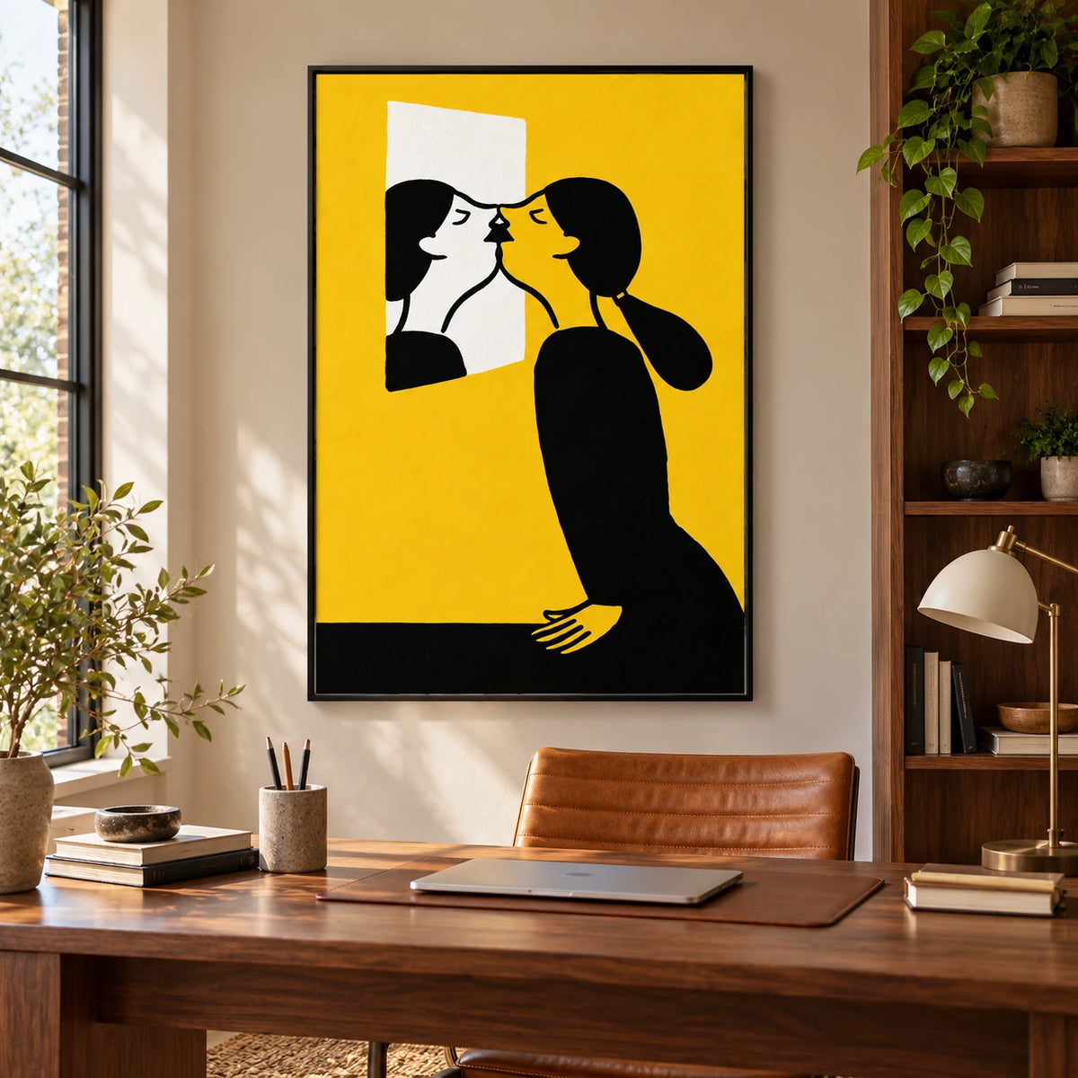 Woman Kissing Her Mirror Reflection Oil Painting | Yellow Black and White Minimalist Figurative Vertical Wall Art OA 1678