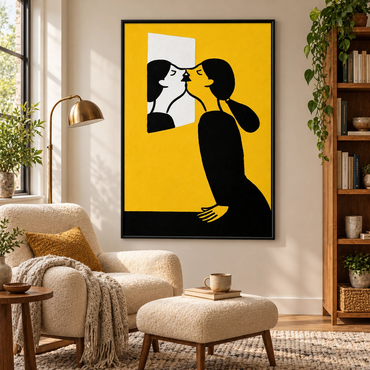 Woman Kissing Her Mirror Reflection Oil Painting | Yellow Black and White Minimalist Figurative Vertical Wall Art OA 1678