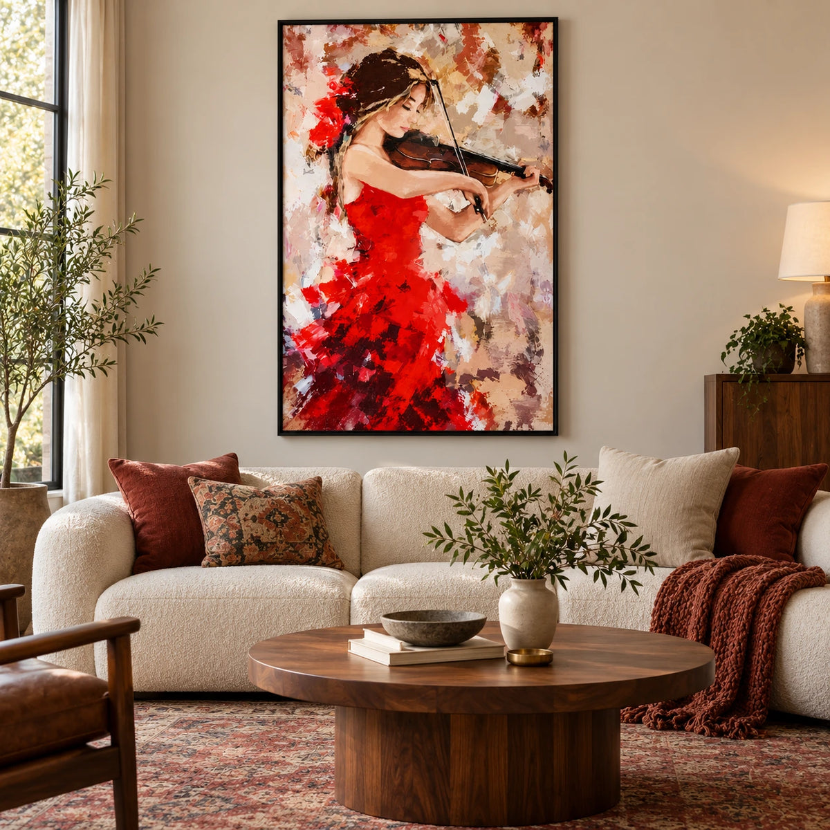 Woman Playing Violin Oil Painting | Red Dress and Floral Hair Textured Impasto Music Portrait Wall Art #OA 1688