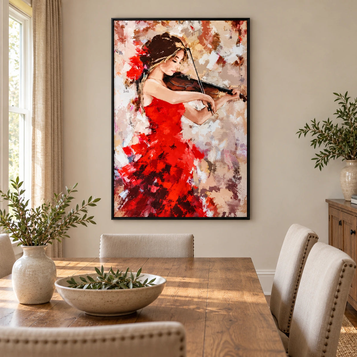Woman Playing Violin Oil Painting | Red Dress and Floral Hair Textured Impasto Music Portrait Wall Art #OA 1688