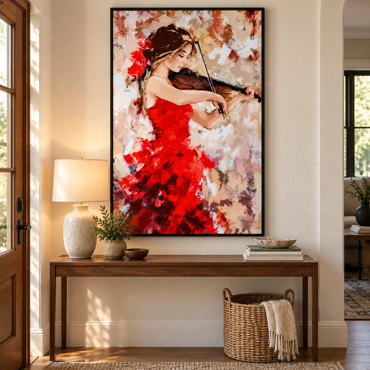 Woman Playing Violin Oil Painting | Red Dress and Floral Hair Textured Impasto Music Portrait Wall Art #OA 1688