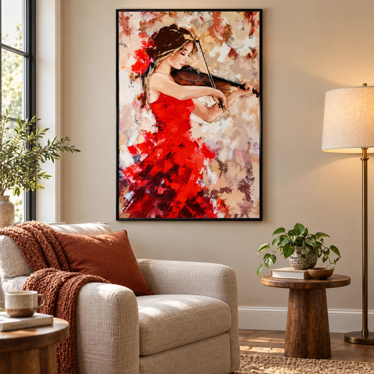 Woman Playing Violin Oil Painting | Red Dress and Floral Hair Textured Impasto Music Portrait Wall Art #OA 1688