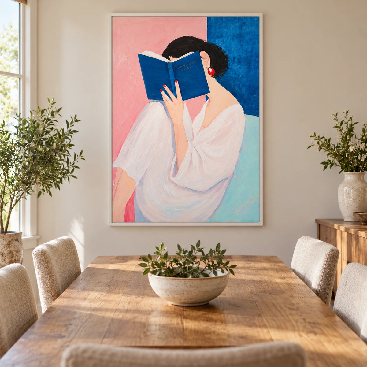 Woman Reading Blue Book Oil Painting | White Blouse Red Earrings Pink and Blue Portrait Wall Art #OA 1686