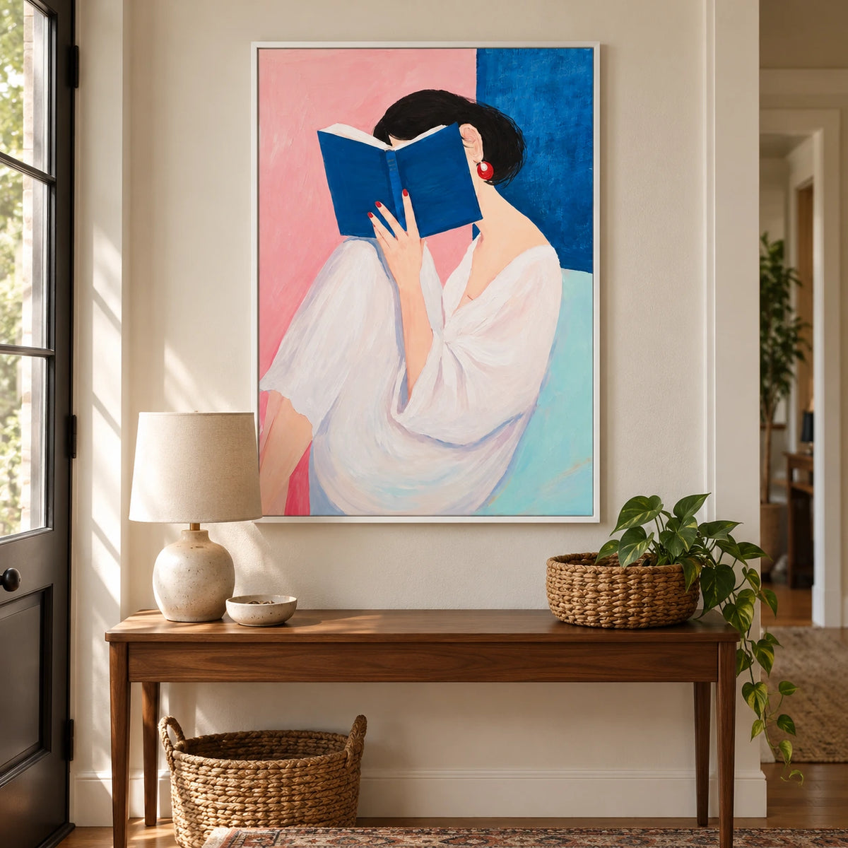 Woman Reading Blue Book Oil Painting | White Blouse Red Earrings Pink and Blue Portrait Wall Art #OA 1686
