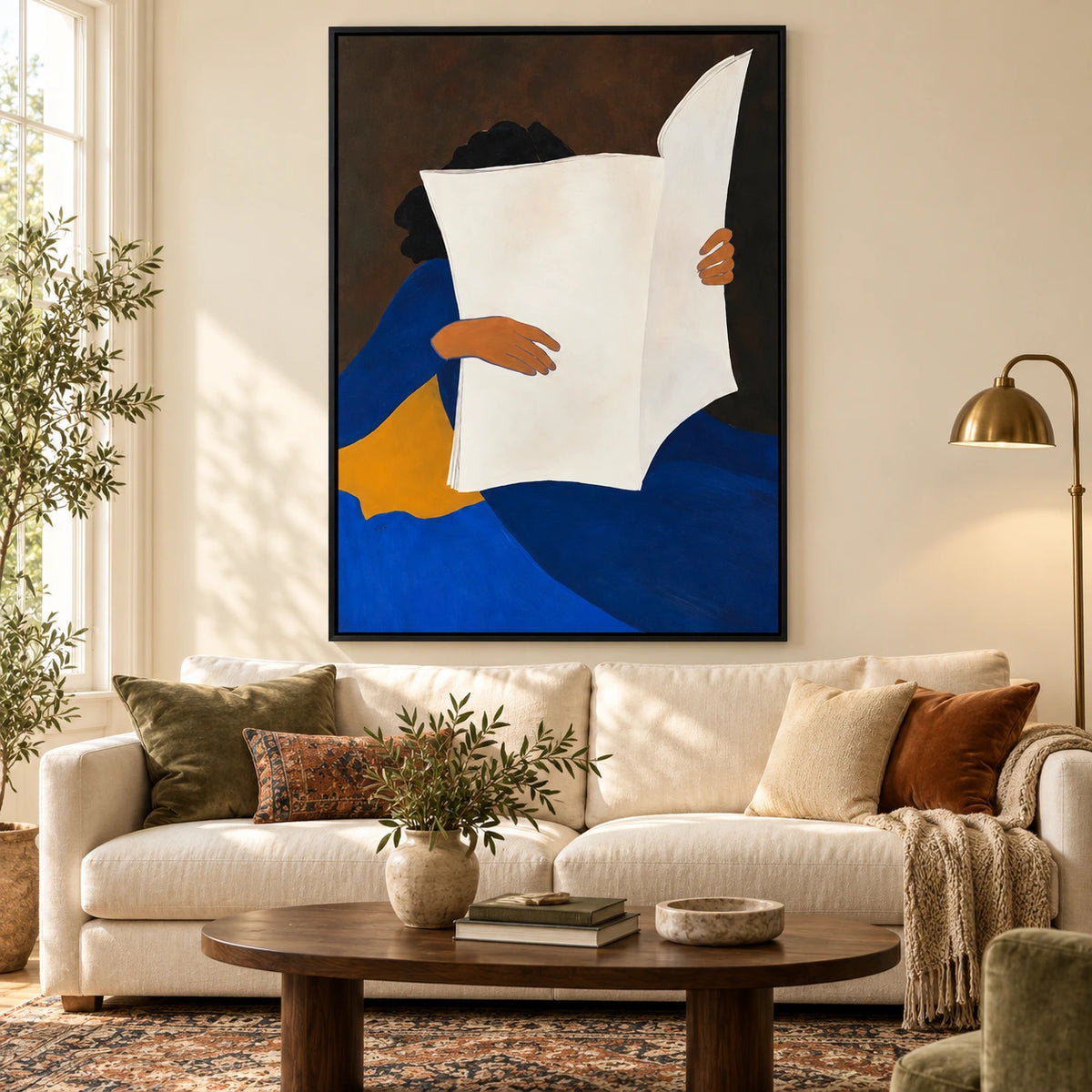 Woman Reading Newspaper Oil Painting | Blue Dress White Paper and Ochre Chair Minimalist Figurative Wall Art OA 1665
