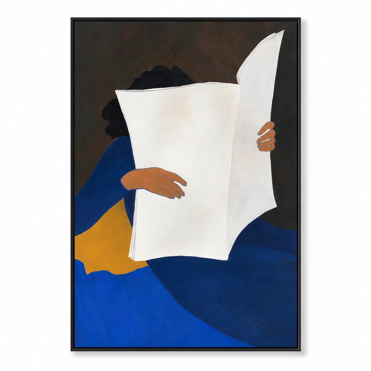 Woman Reading Newspaper Oil Painting | Blue Dress White Paper and Ochre Chair Minimalist Figurative Wall Art OA 1665