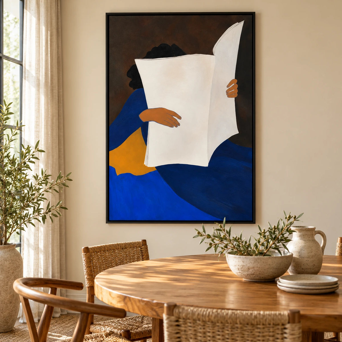 Woman Reading Newspaper Oil Painting | Blue Dress White Paper and Ochre Chair Minimalist Figurative Wall Art OA 1665