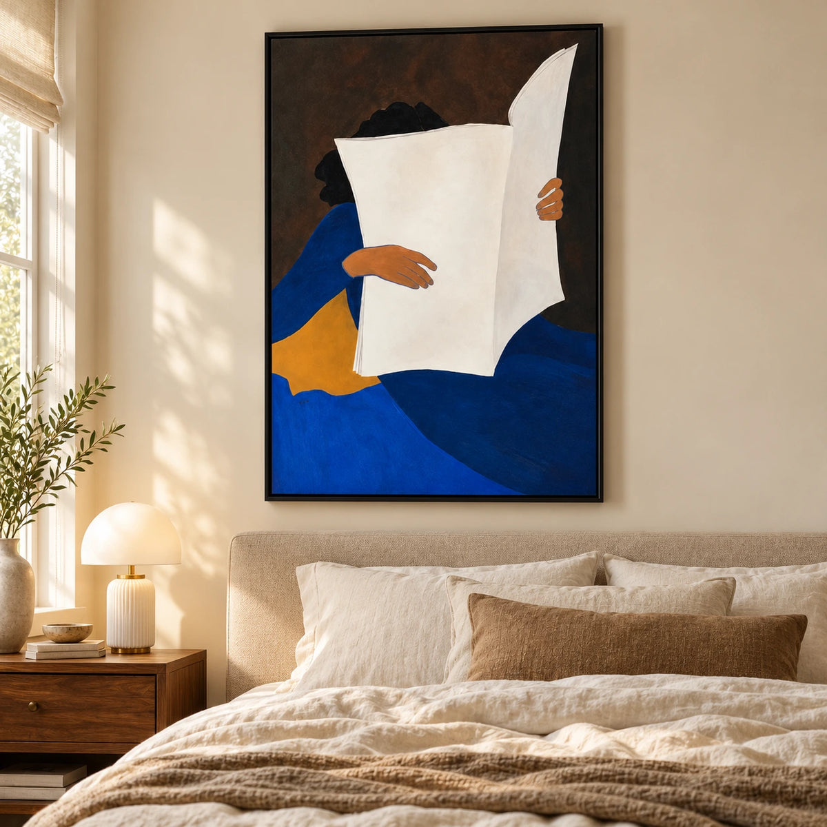 Woman Reading Newspaper Oil Painting | Blue Dress White Paper and Ochre Chair Minimalist Figurative Wall Art OA 1665