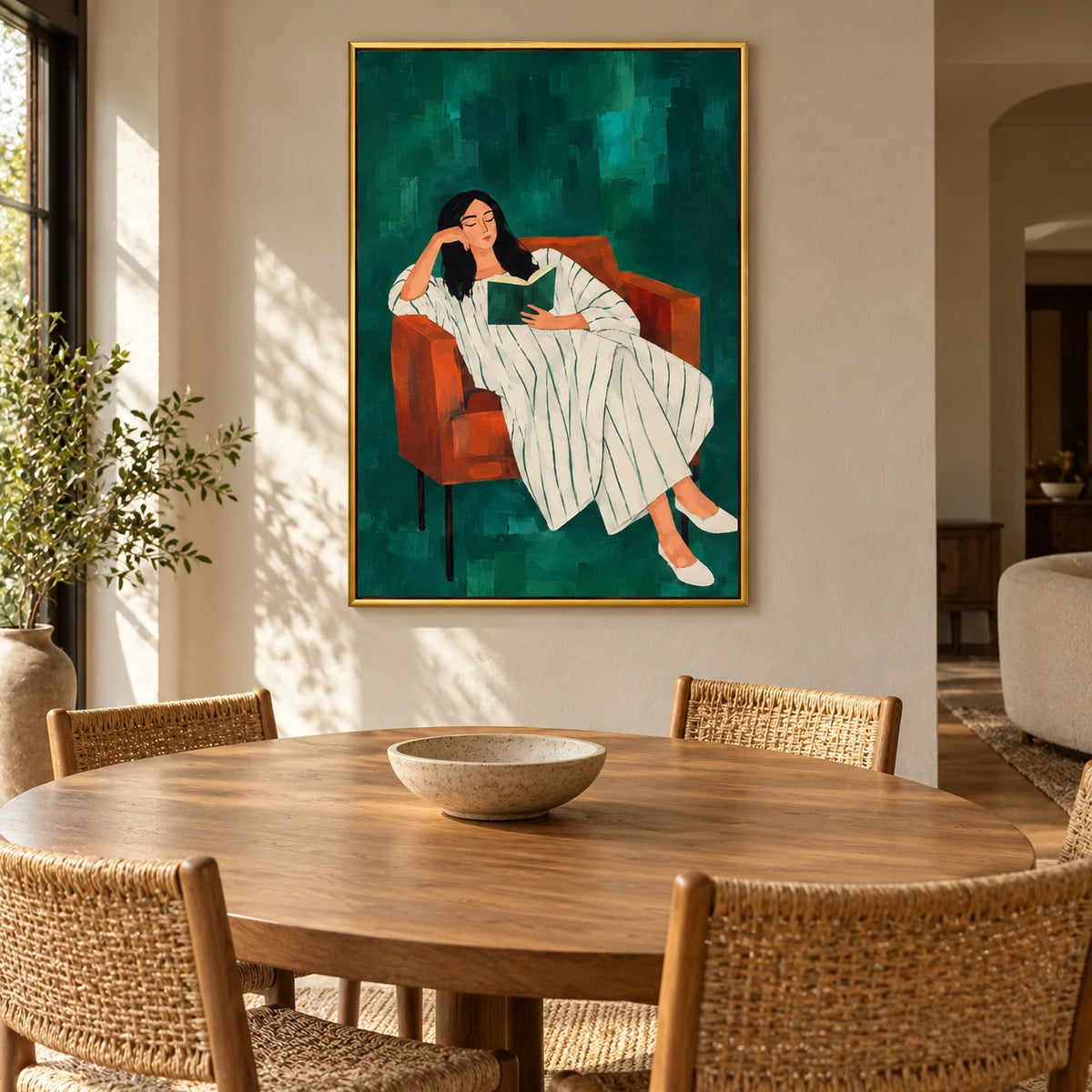 Woman Reading in Rust Armchair Oil Painting | Green Background and White Striped Dress Figurative Wall Art #OA 1649