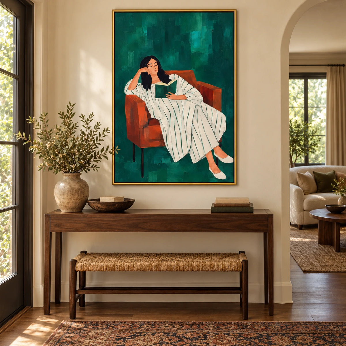 Woman Reading in Rust Armchair Oil Painting | Green Background and White Striped Dress Figurative Wall Art #OA 1649