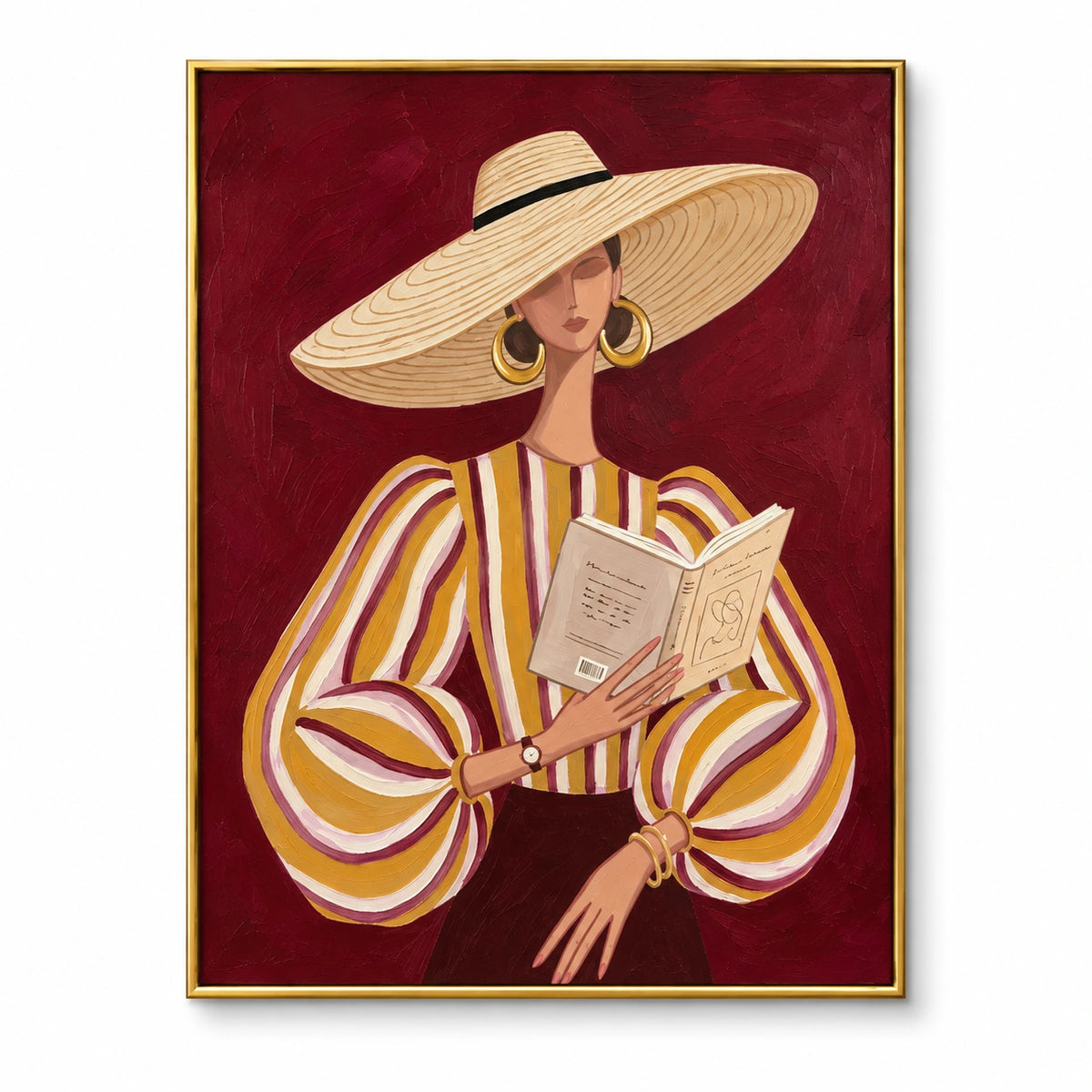 Woman Reading in Straw Hat Oil Painting | Ochre Striped Blouse and Burgundy Background Portrait Wall Art #OA 1683