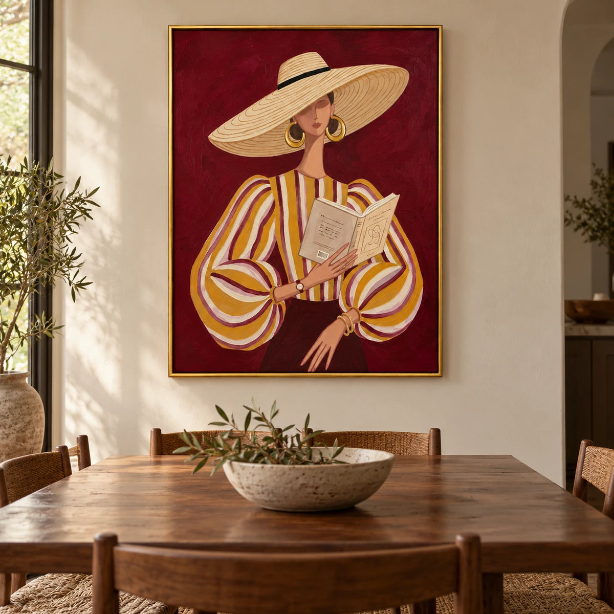 Woman Reading in Straw Hat Oil Painting | Ochre Striped Blouse and Burgundy Background Portrait Wall Art #OA 1683