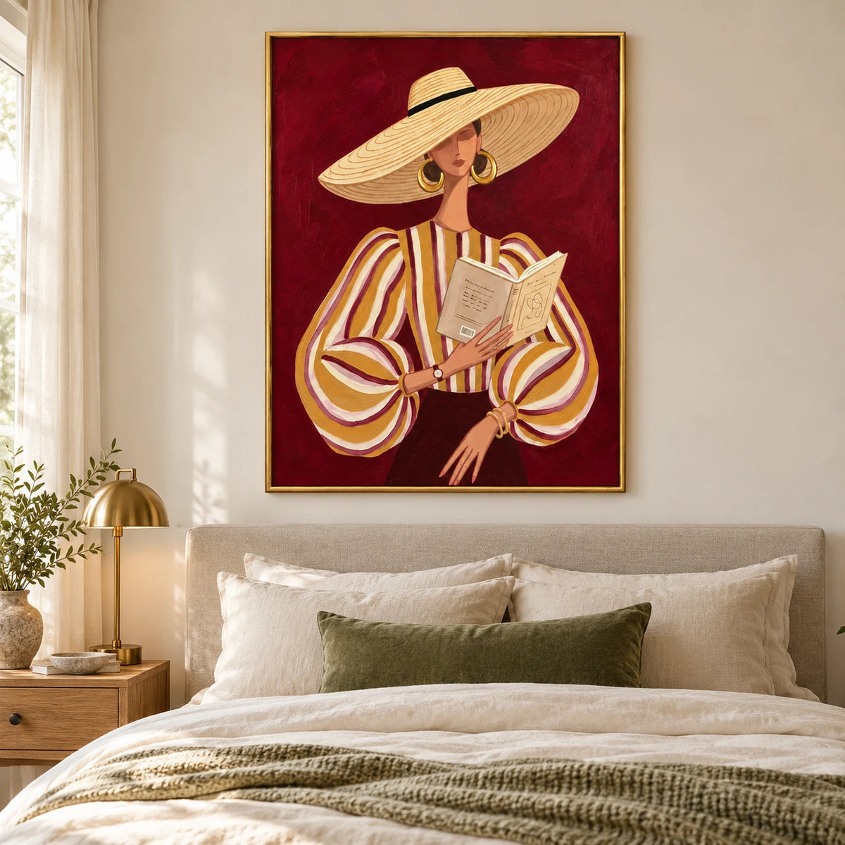 Woman Reading in Straw Hat Oil Painting | Ochre Striped Blouse and Burgundy Background Portrait Wall Art #OA 1683