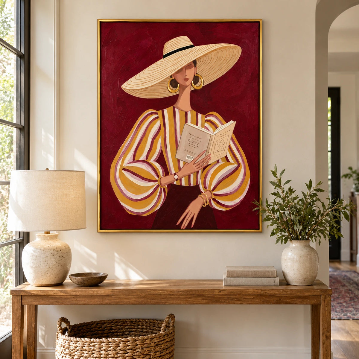 Woman Reading in Straw Hat Oil Painting | Ochre Striped Blouse and Burgundy Background Portrait Wall Art #OA 1683