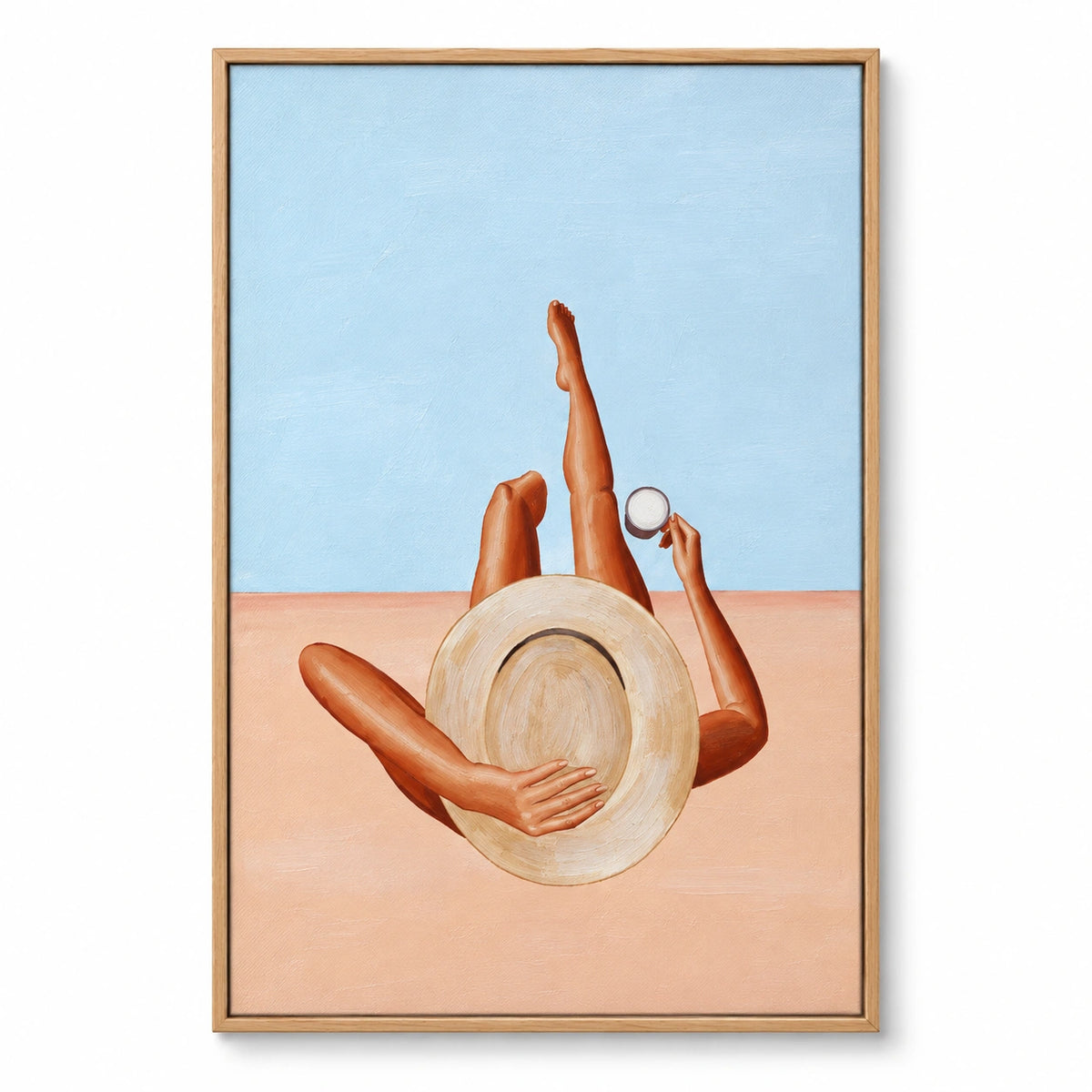 Woman Relaxing with Straw Hat Oil Painting | Coconut Blue Sky and Peach Ground Summer Figurative Vertical Wall Art OA 1742
