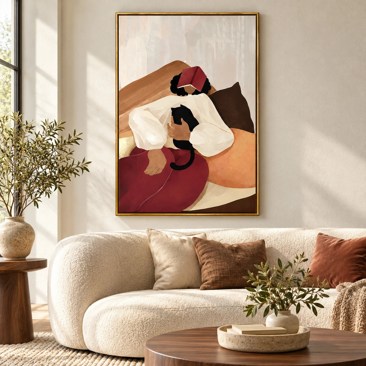 Woman Resting with Book and Black Cat Oil Painting | Cozy Reading Figurative Vertical Wall Art #OA 1625