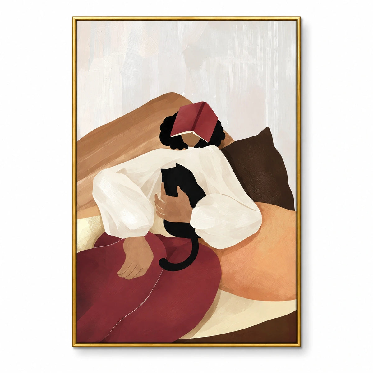 Woman Resting with Book and Black Cat Oil Painting | Cozy Reading Figurative Vertical Wall Art #OA 1625