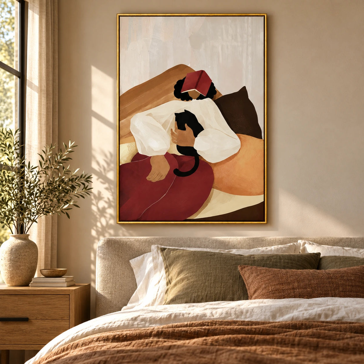 Woman Resting with Book and Black Cat Oil Painting | Cozy Reading Figurative Vertical Wall Art #OA 1625
