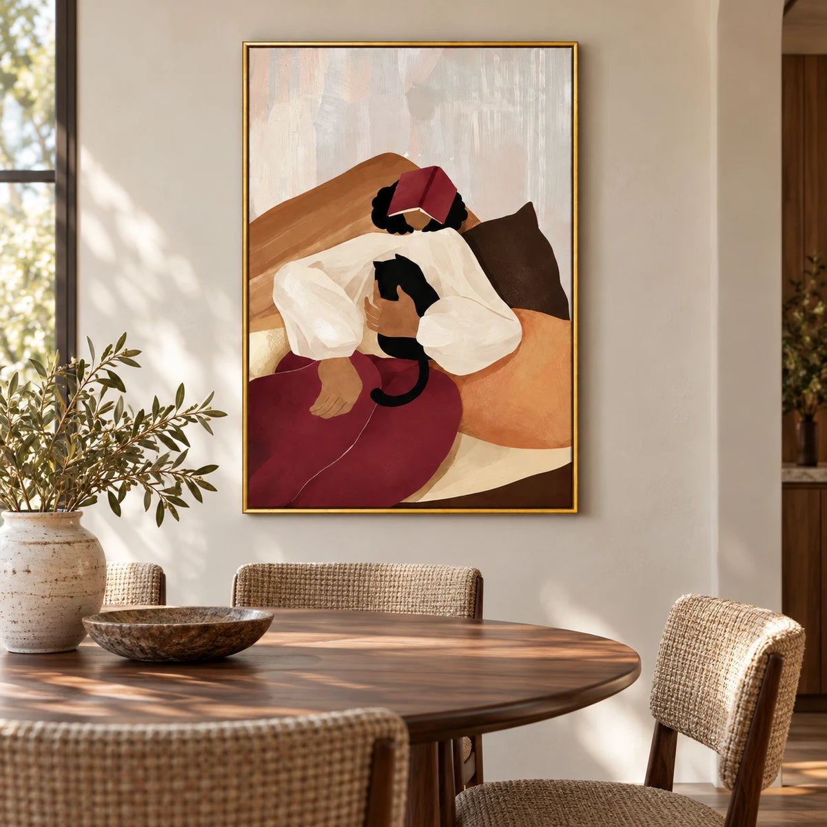 Woman Resting with Book and Black Cat Oil Painting | Cozy Reading Figurative Vertical Wall Art #OA 1625
