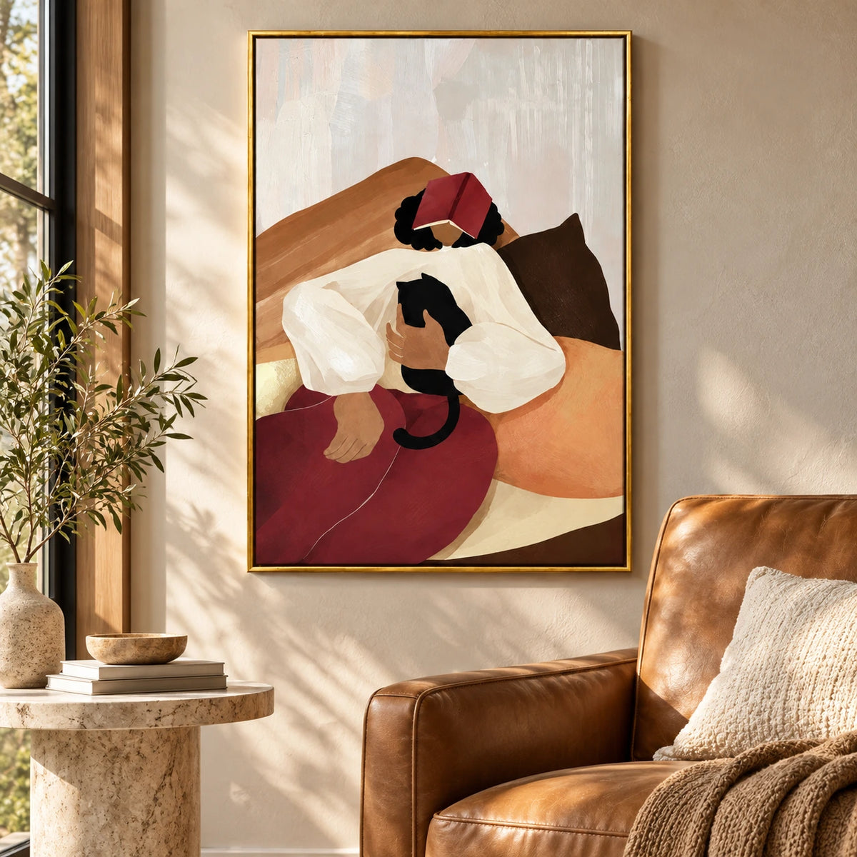 Woman Resting with Book and Black Cat Oil Painting | Cozy Reading Figurative Vertical Wall Art #OA 1625