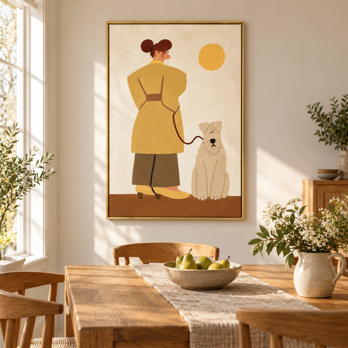 Woman Walking White Terrier Oil Painting | Mustard Coat Yellow Sun and Whimsical Dog Vertical Figurative Wall Art #OA 1712