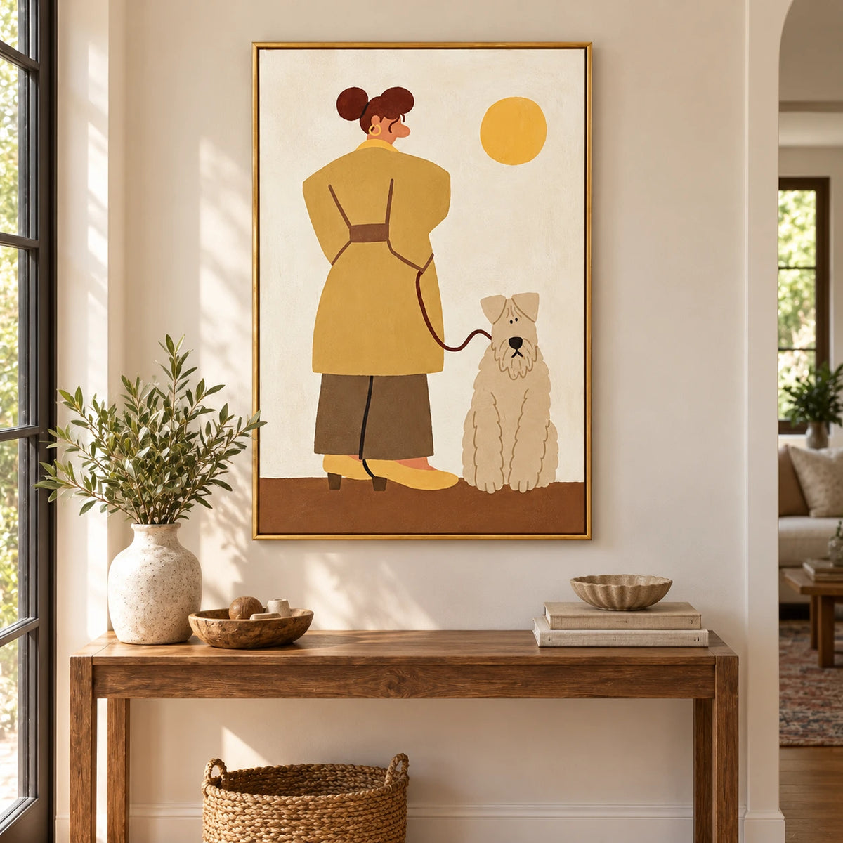 Woman Walking White Terrier Oil Painting | Mustard Coat Yellow Sun and Whimsical Dog Vertical Figurative Wall Art #OA 1712