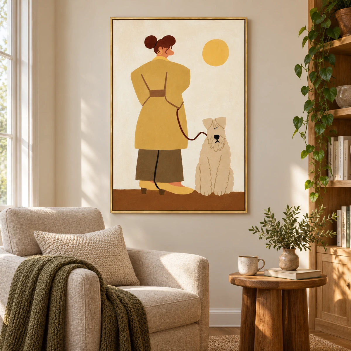Woman Walking White Terrier Oil Painting | Mustard Coat Yellow Sun and Whimsical Dog Vertical Figurative Wall Art #OA 1712