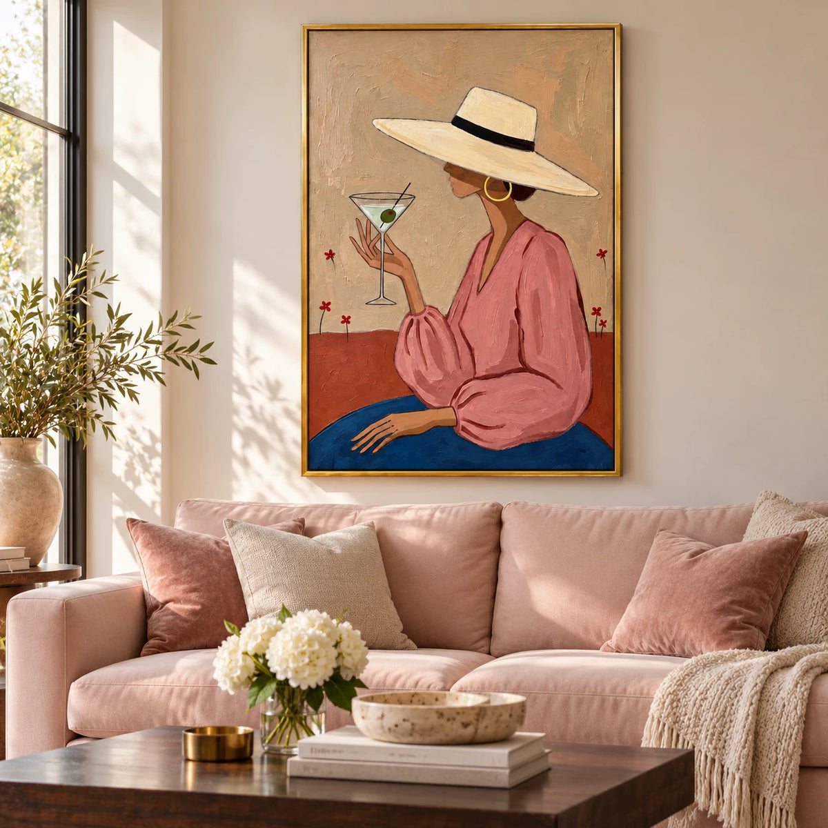 Woman in Pink with Martini Oil Painting | Wide Brim Hat Blue Skirt and Red Flowers Vertical Fashion Wall Art #OA 1716