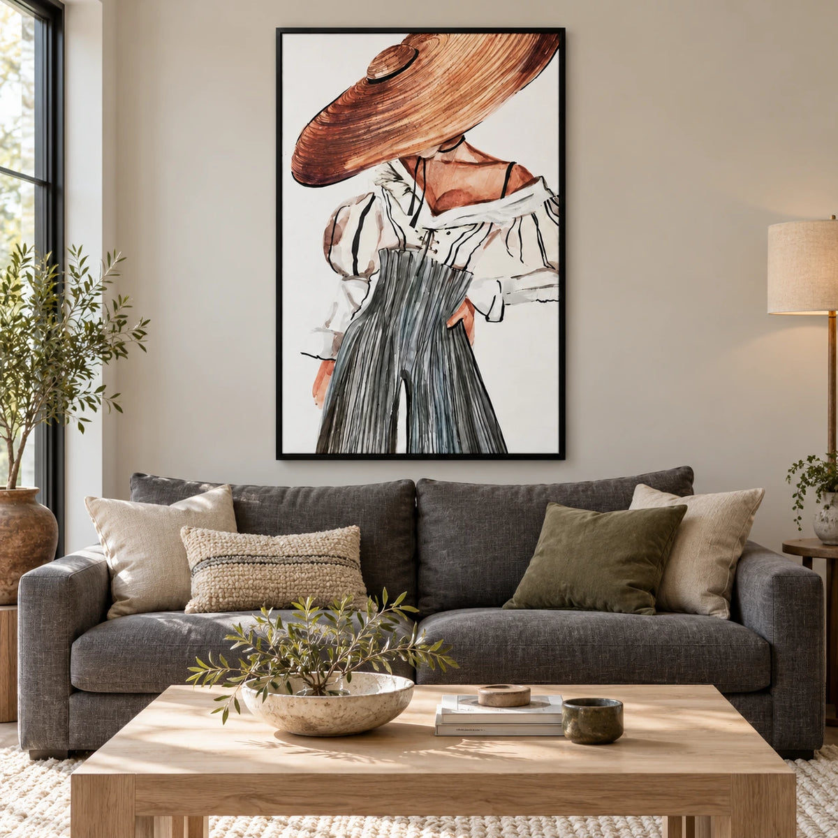Woman in Straw Hat Oil Painting | Black White Striped Blouse and Grey Trousers Neutral Fashion Wall Art #OA 1689