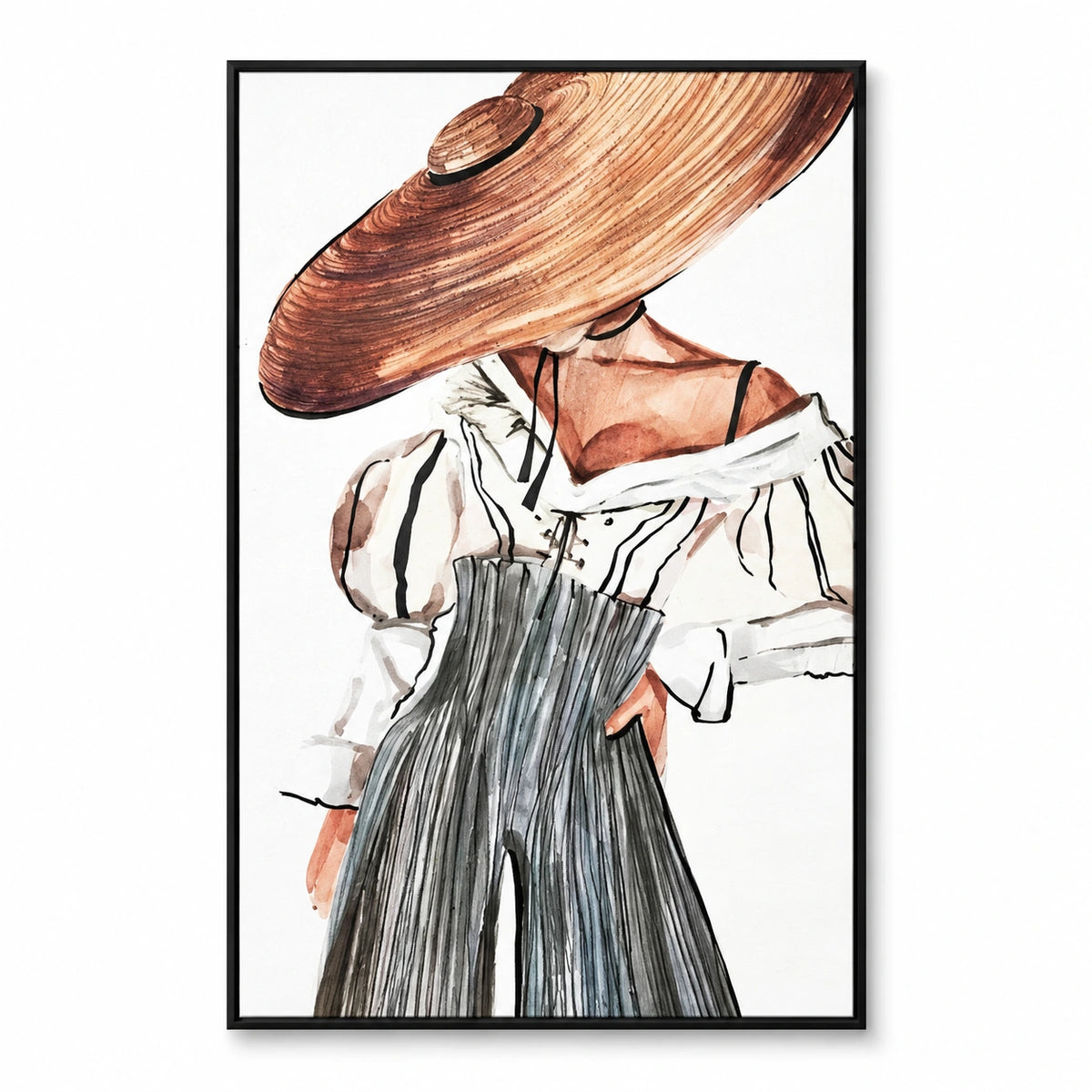 Woman in Straw Hat Oil Painting | Black White Striped Blouse and Grey Trousers Neutral Fashion Wall Art #OA 1689