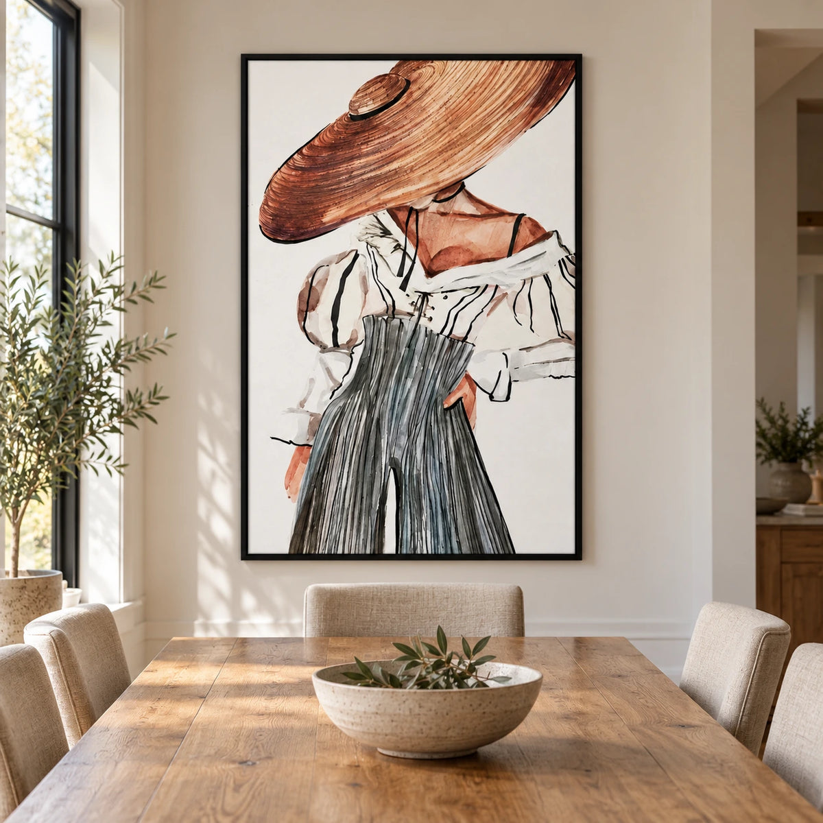 Woman in Straw Hat Oil Painting | Black White Striped Blouse and Grey Trousers Neutral Fashion Wall Art #OA 1689