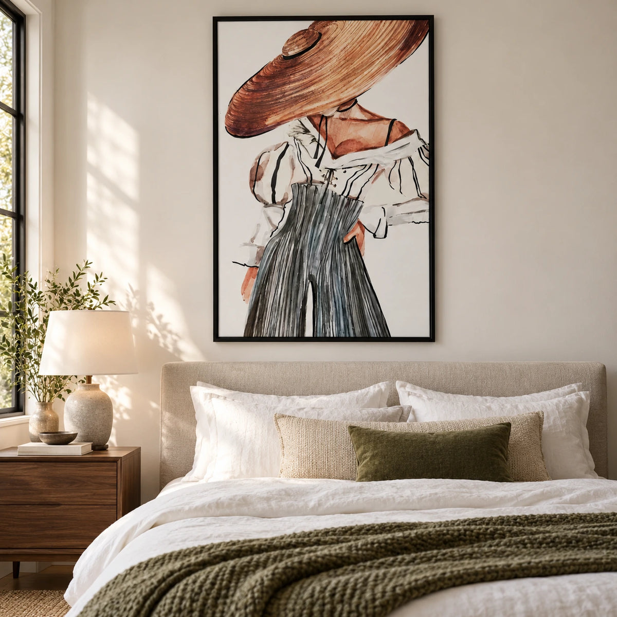 Woman in Straw Hat Oil Painting | Black White Striped Blouse and Grey Trousers Neutral Fashion Wall Art #OA 1689