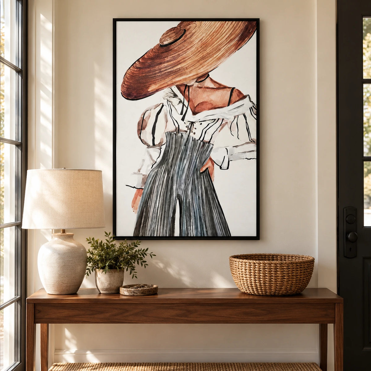 Woman in Straw Hat Oil Painting | Black White Striped Blouse and Grey Trousers Neutral Fashion Wall Art #OA 1689