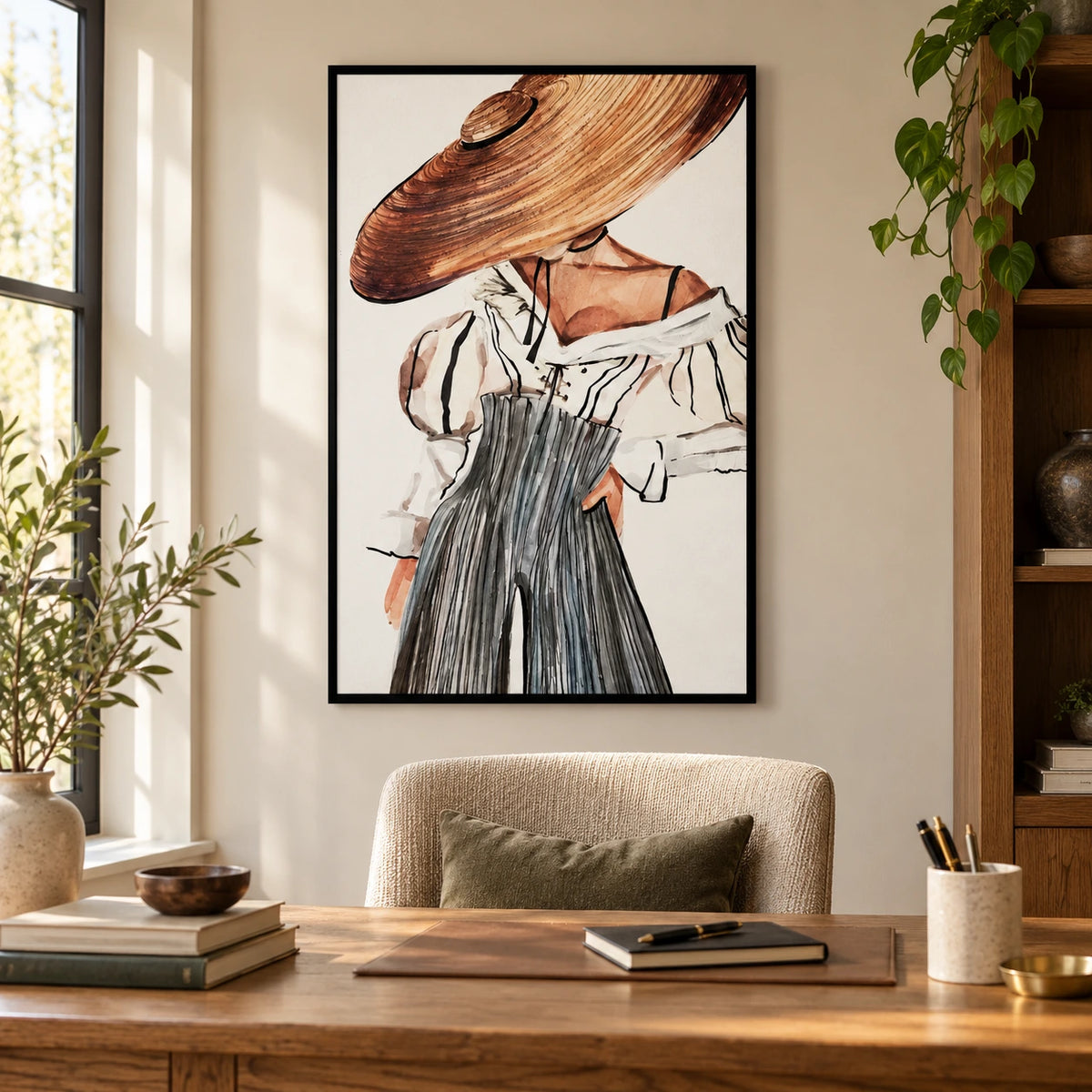 Woman in Straw Hat Oil Painting | Black White Striped Blouse and Grey Trousers Neutral Fashion Wall Art #OA 1689