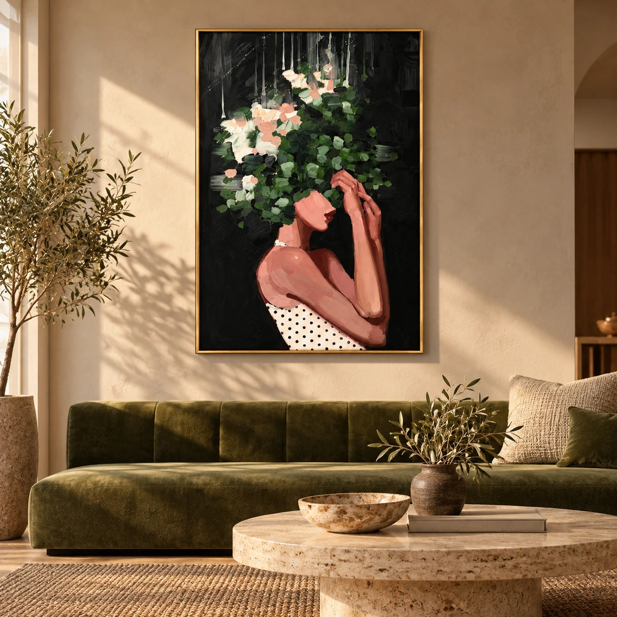 Woman with Green Foliage and White Flowers Oil Painting | Botanical Portrait on Black Vertical Wall Art #OA 1642