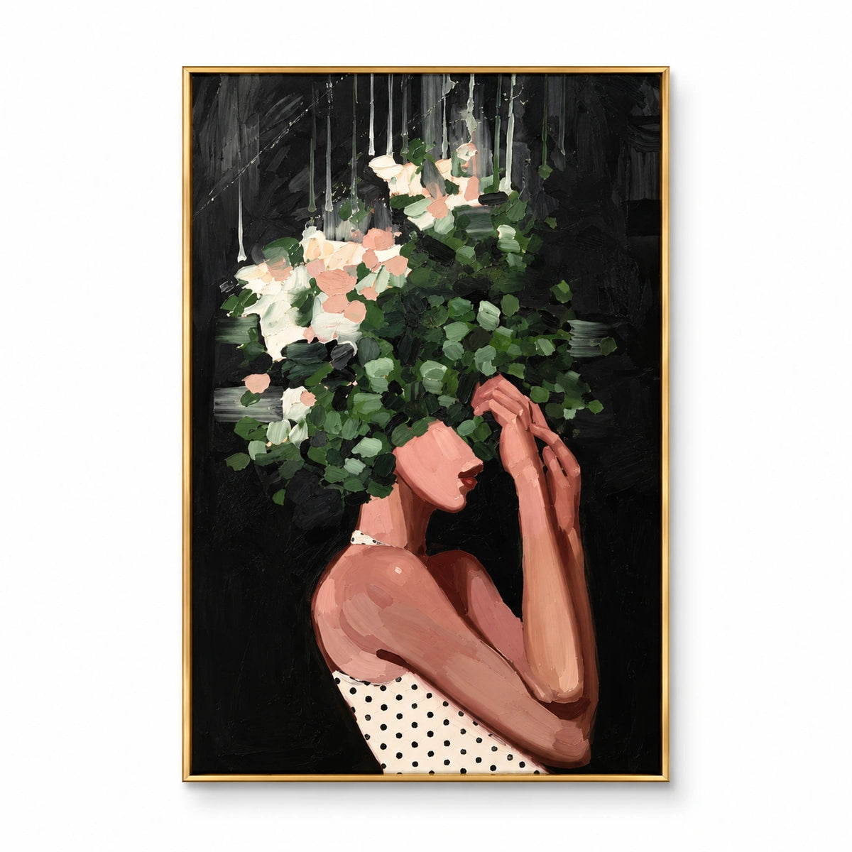 Woman with Green Foliage and White Flowers Oil Painting | Botanical Portrait on Black Vertical Wall Art #OA 1642