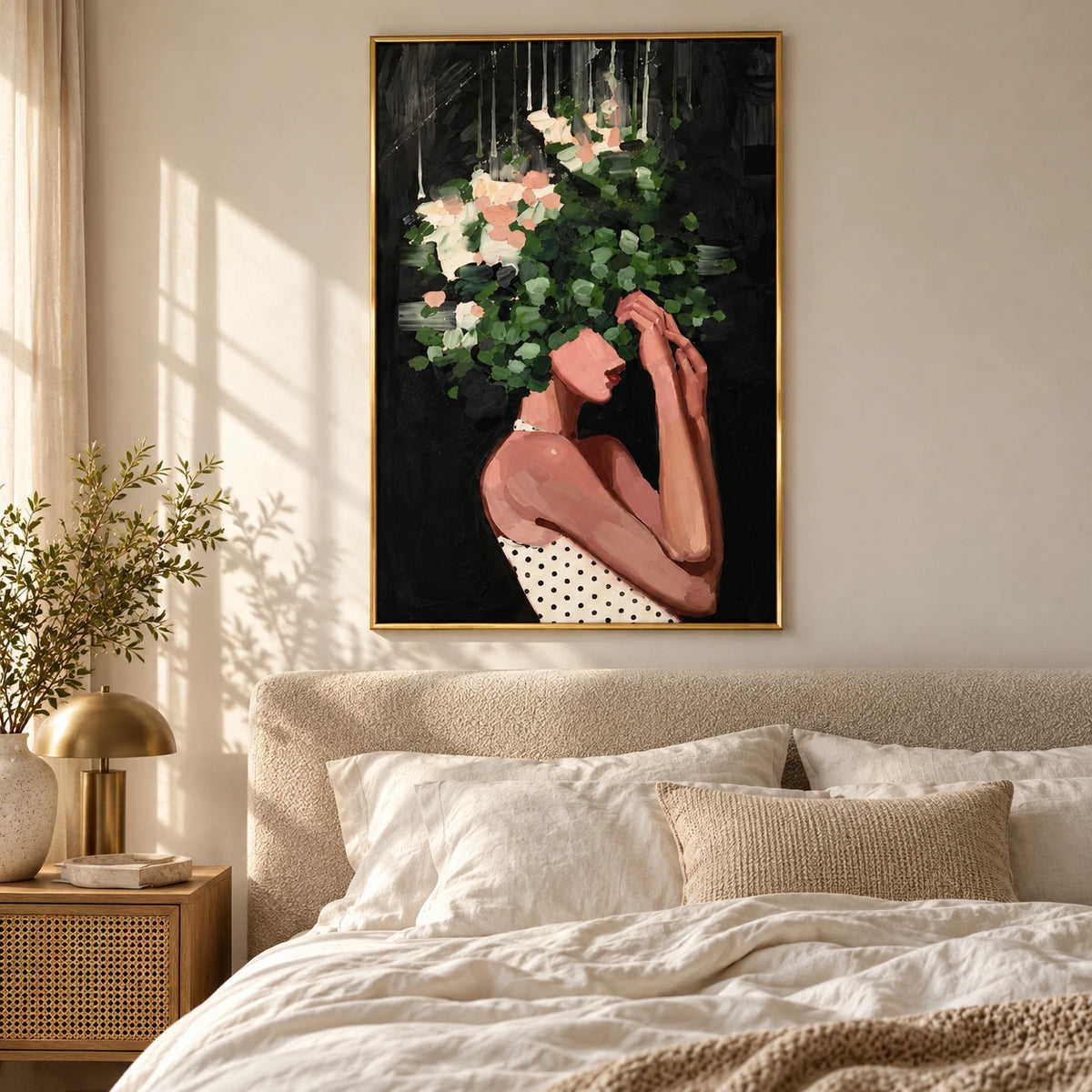 Woman with Green Foliage and White Flowers Oil Painting | Botanical Portrait on Black Vertical Wall Art #OA 1642