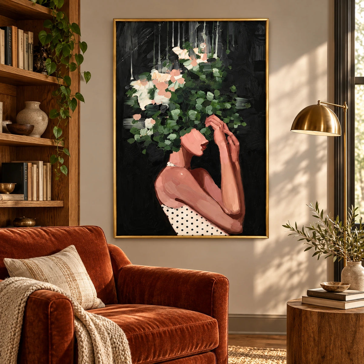 Woman with Green Foliage and White Flowers Oil Painting | Botanical Portrait on Black Vertical Wall Art #OA 1642