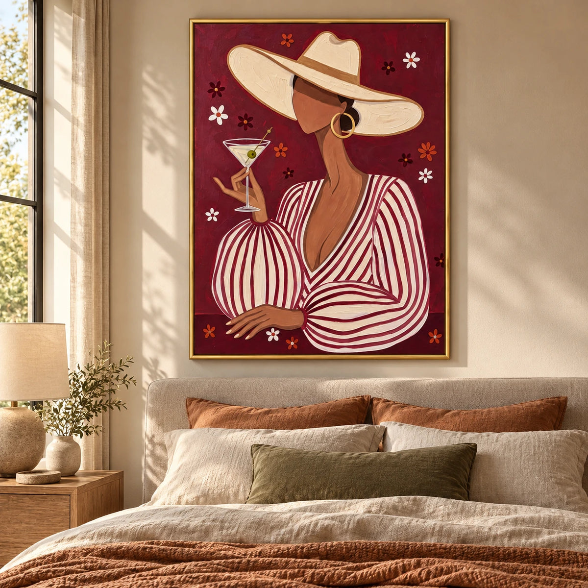 Woman with Martini and Wide Brim Hat Oil Painting | Burgundy Striped Fashion Portrait Wall Art #OA 1627