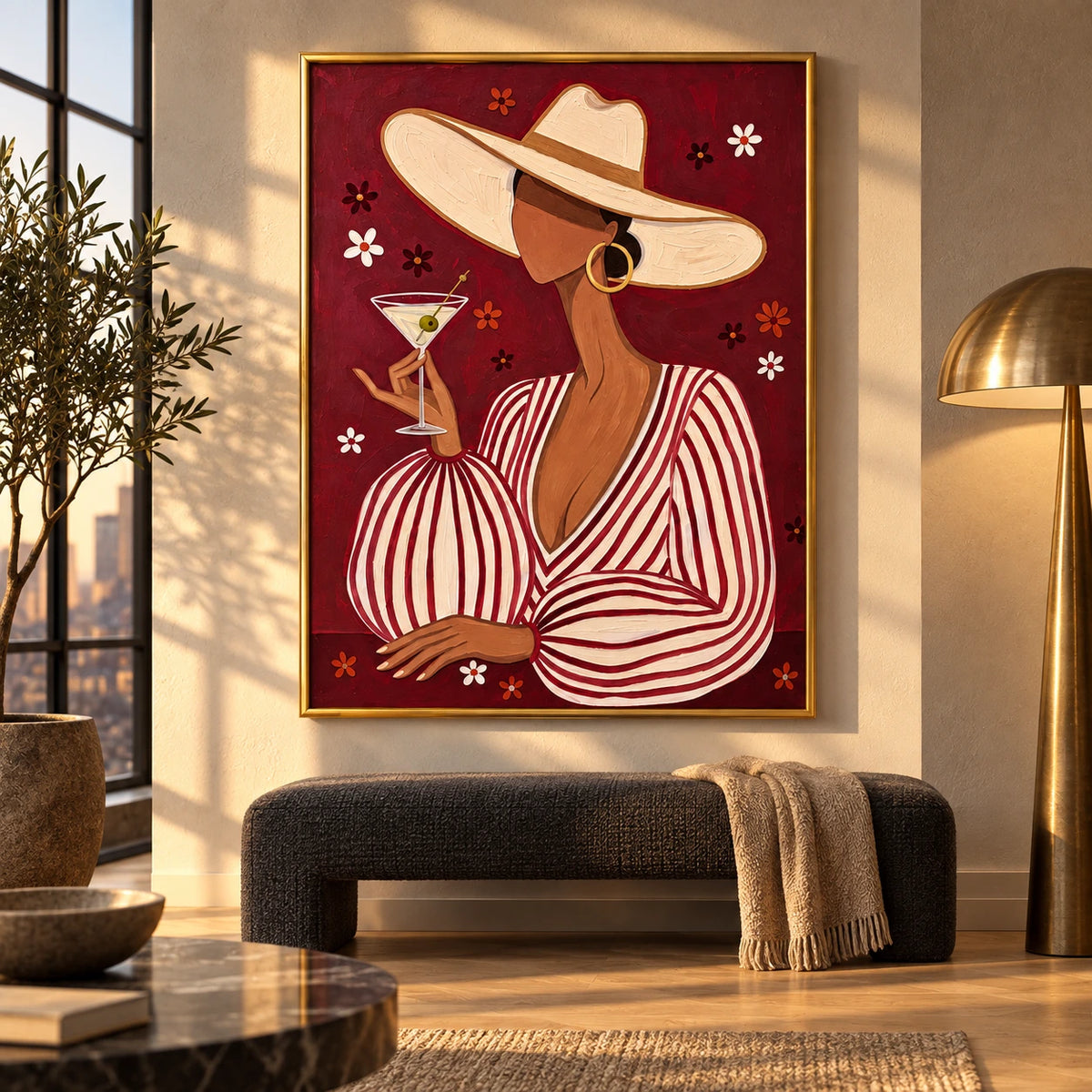 Woman with Martini and Wide Brim Hat Oil Painting | Burgundy Striped Fashion Portrait Wall Art #OA 1627