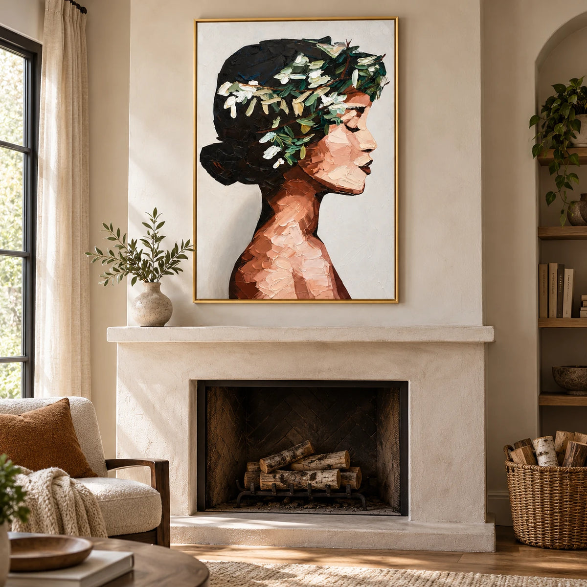 Woman with White Flowers Oil Painting | Dark Hair Profile Portrait Textured Vertical Figurative Canvas Wall Art #OA 1814